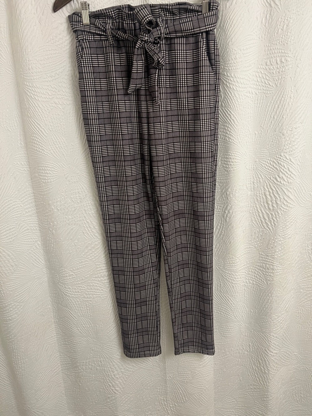 SHEIN Black and Gray Plaid Paperbag Waist Trousers
